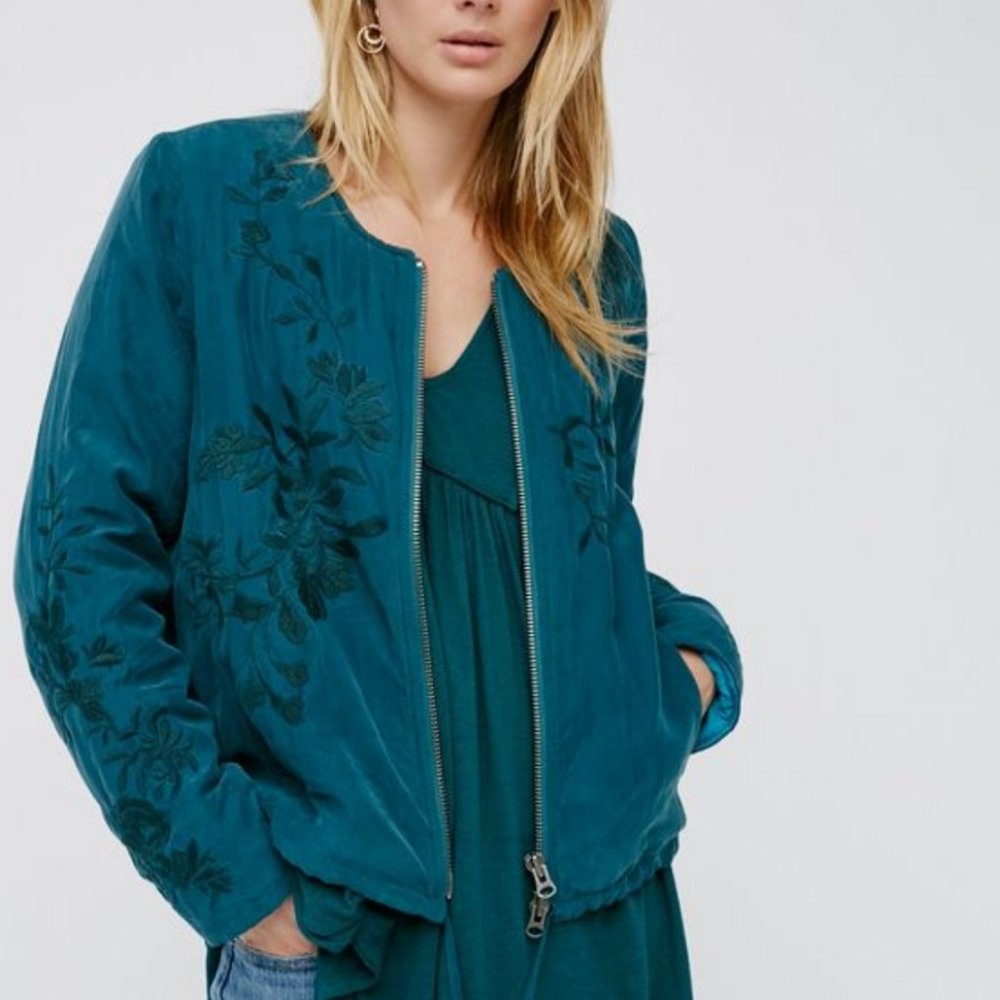 Free People Silk Embroidered Bomber Jacket - Teal